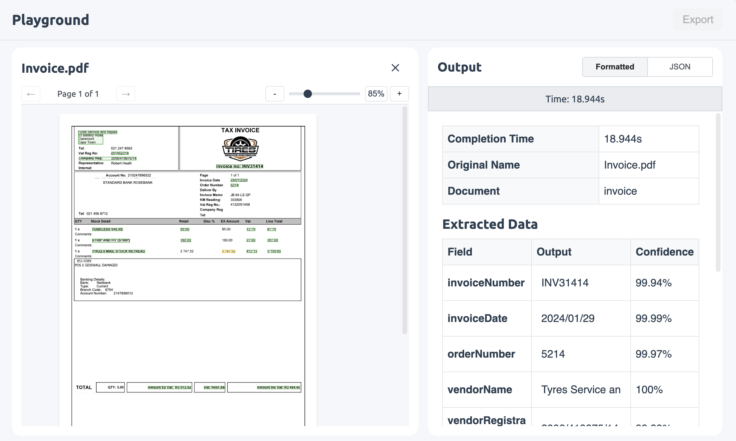 Playground preview validating extracted invoice fields with confidence scores