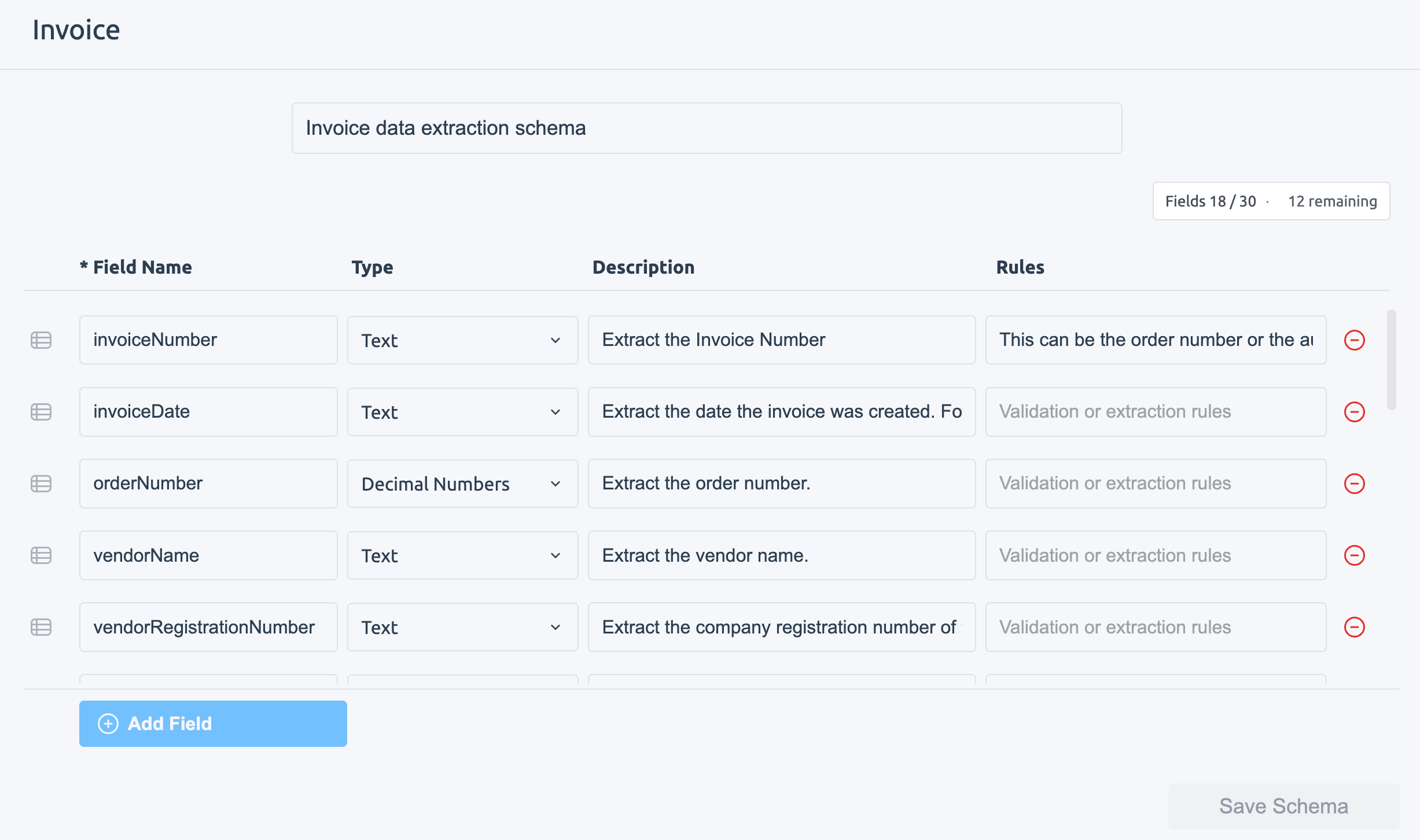 Optica template builder showing selected invoice fields